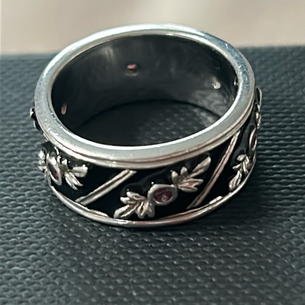 Vintage Smithsonian Black Enamel Garnet Accent Sterling Silver Band Ring. Size 8